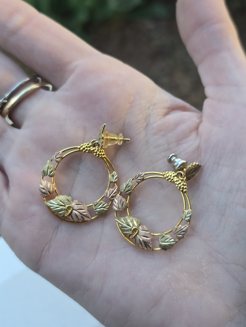 Black Hills Gold 10k Three Tone Ball Post Hoop Leafy Earrings